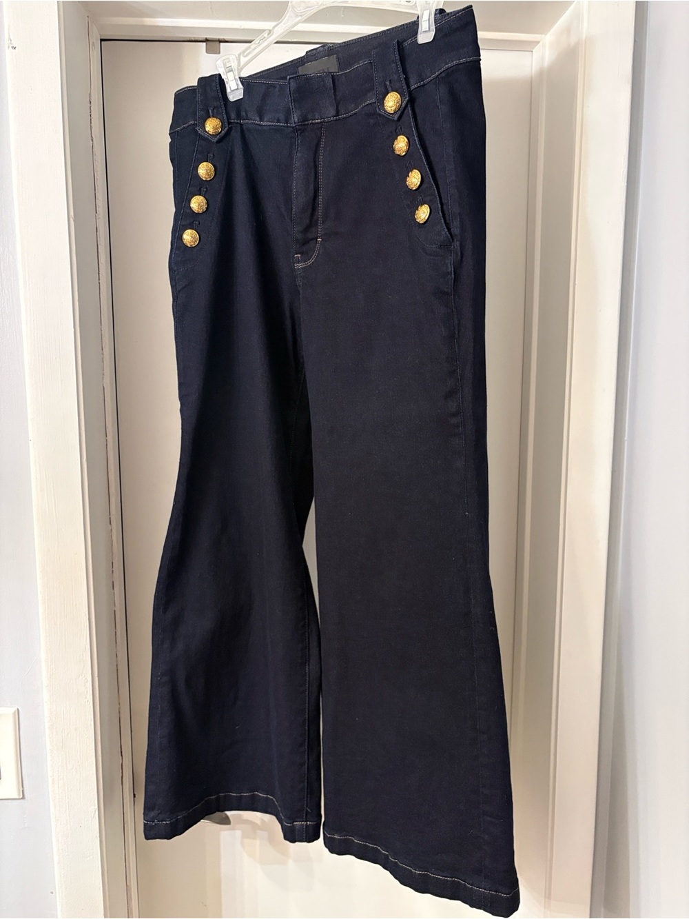 White House Black Market Navy Wide-Leg Flare Jeans with Gold Buttons